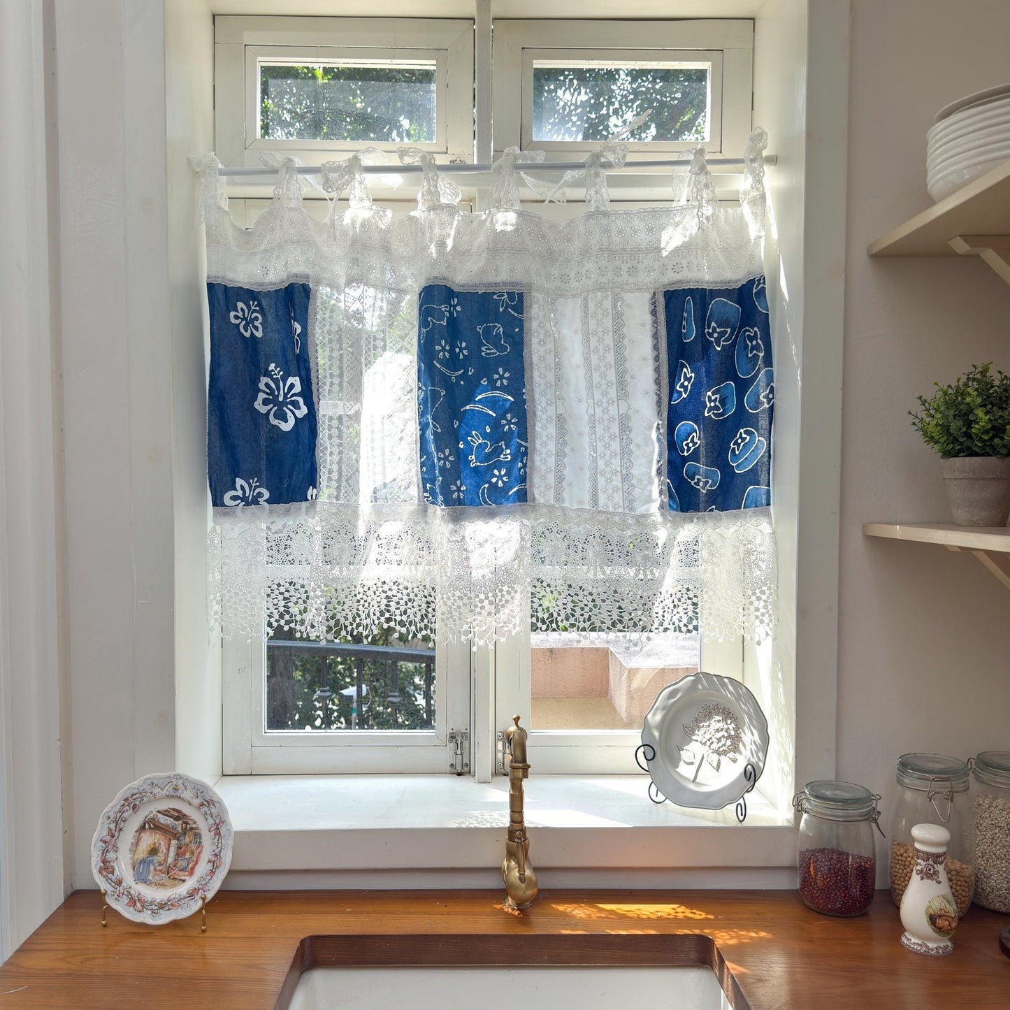 Tie - dye Blue White Embroidery Floral Lace Curtain Valance - UDreamHome