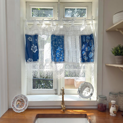 Tie - dye Blue White Embroidery Floral Lace Curtain Valance - UDreamHome