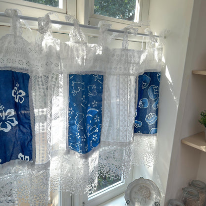 Tie - dye Blue White Embroidery Floral Lace Curtain Valance - UDreamHome