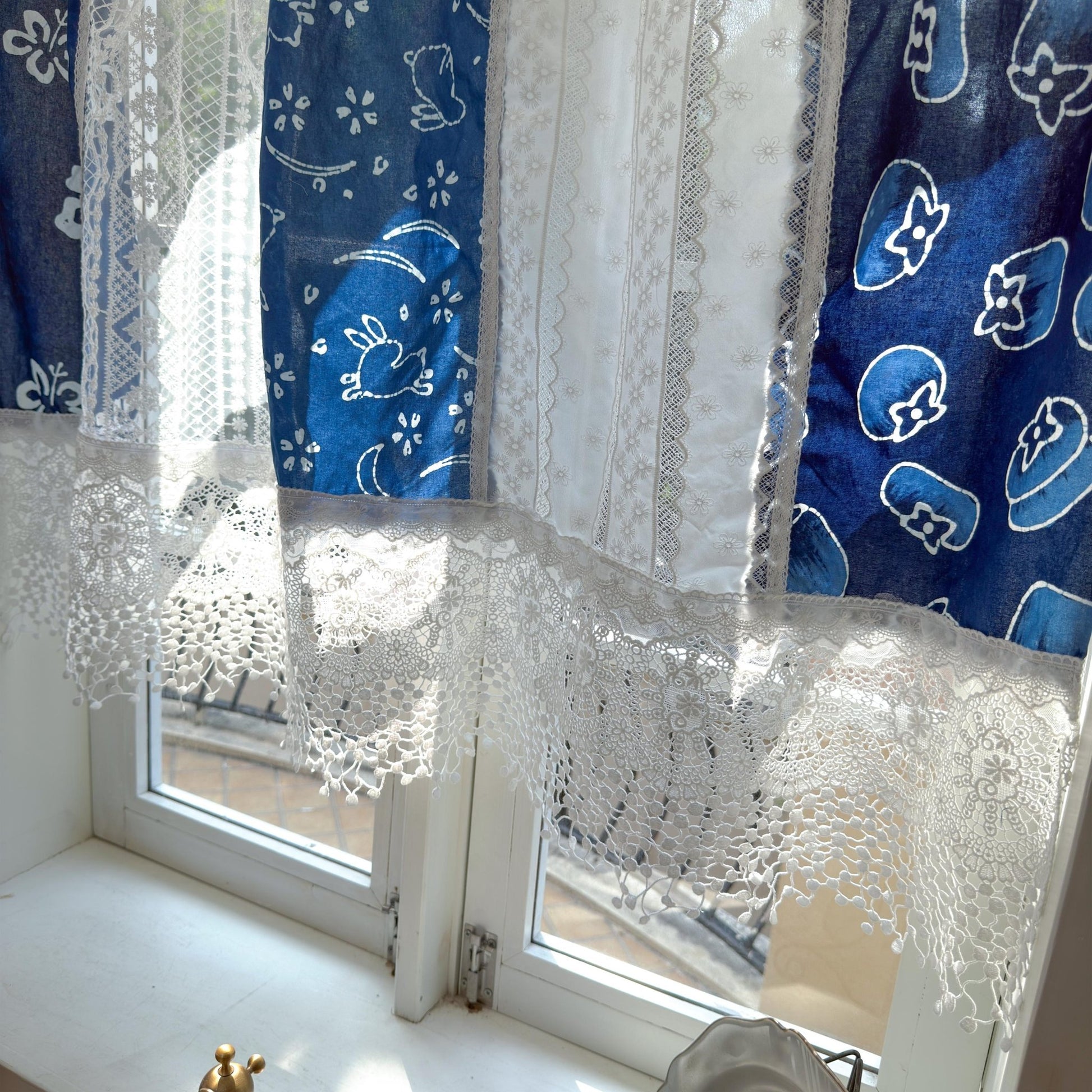 Tie - dye Blue White Embroidery Floral Lace Curtain Valance - UDreamHome