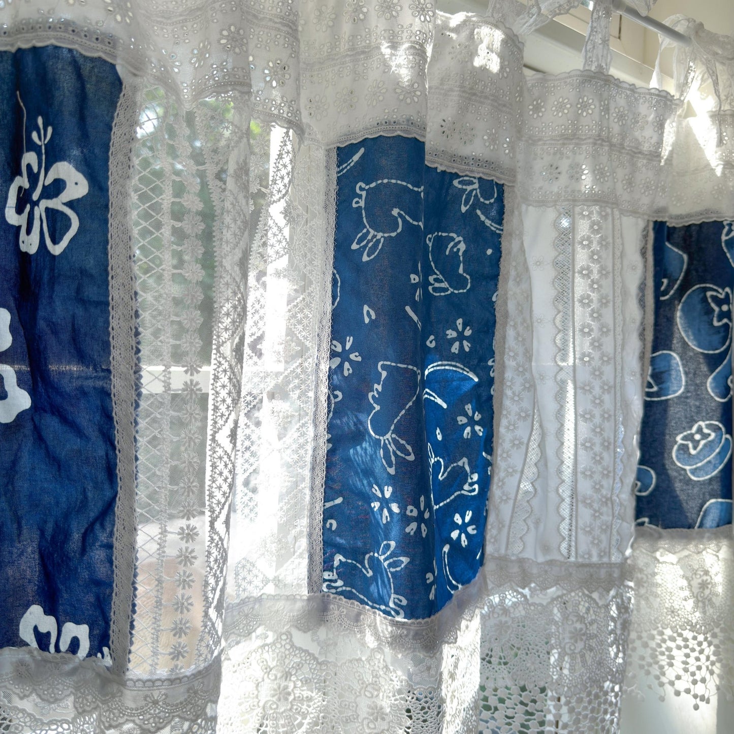 Tie - dye Blue White Embroidery Floral Lace Curtain Valance - UDreamHome