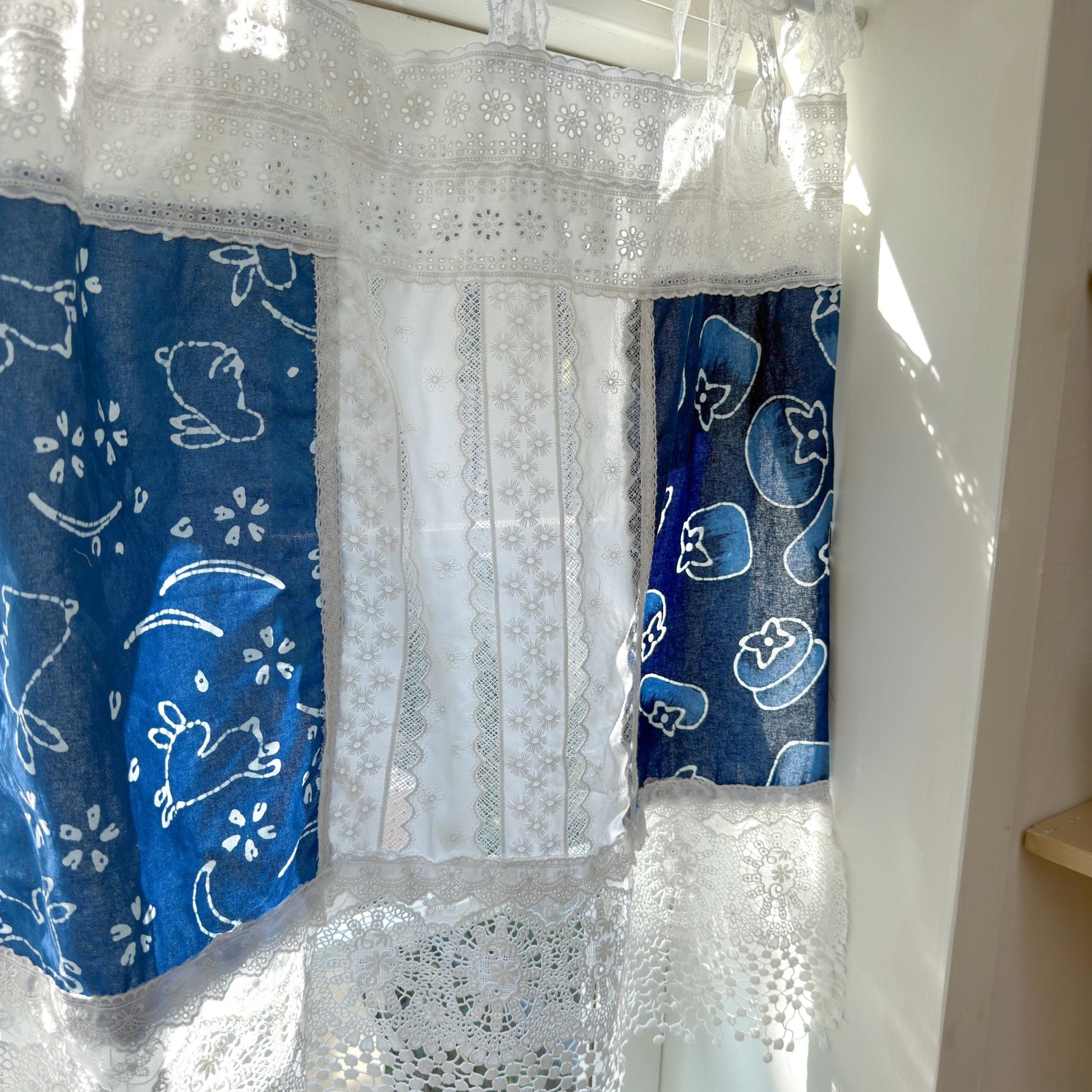 Tie - dye Blue White Embroidery Floral Lace Curtain Valance - UDreamHome