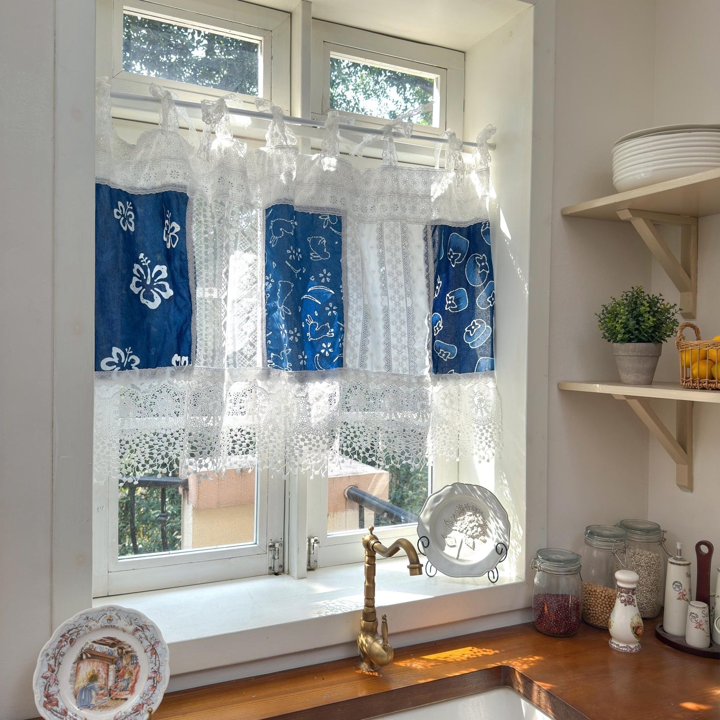 Tie - dye Blue White Embroidery Floral Lace Curtain Valance - UDreamHome