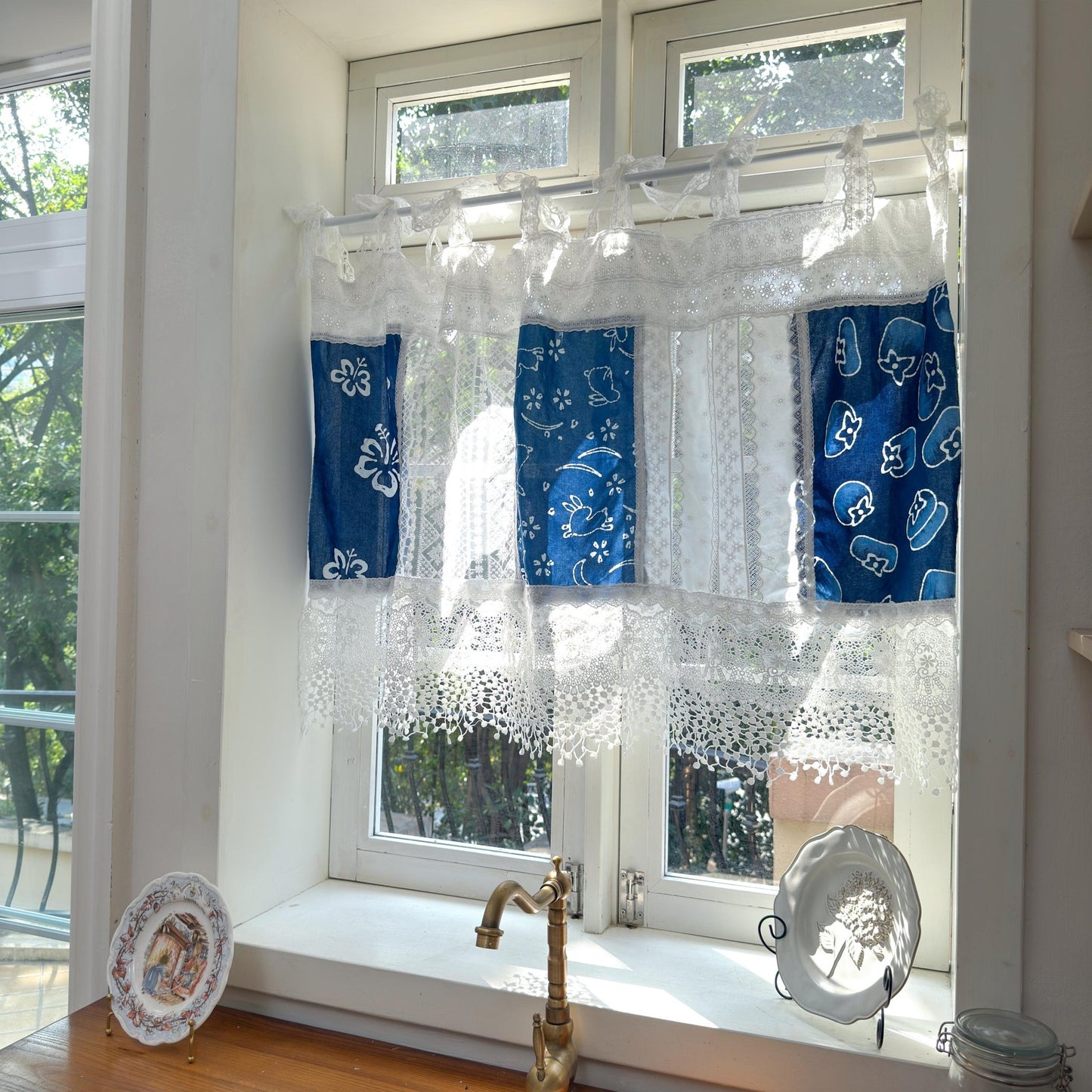 Tie - dye Blue White Embroidery Floral Lace Curtain Valance - UDreamHome