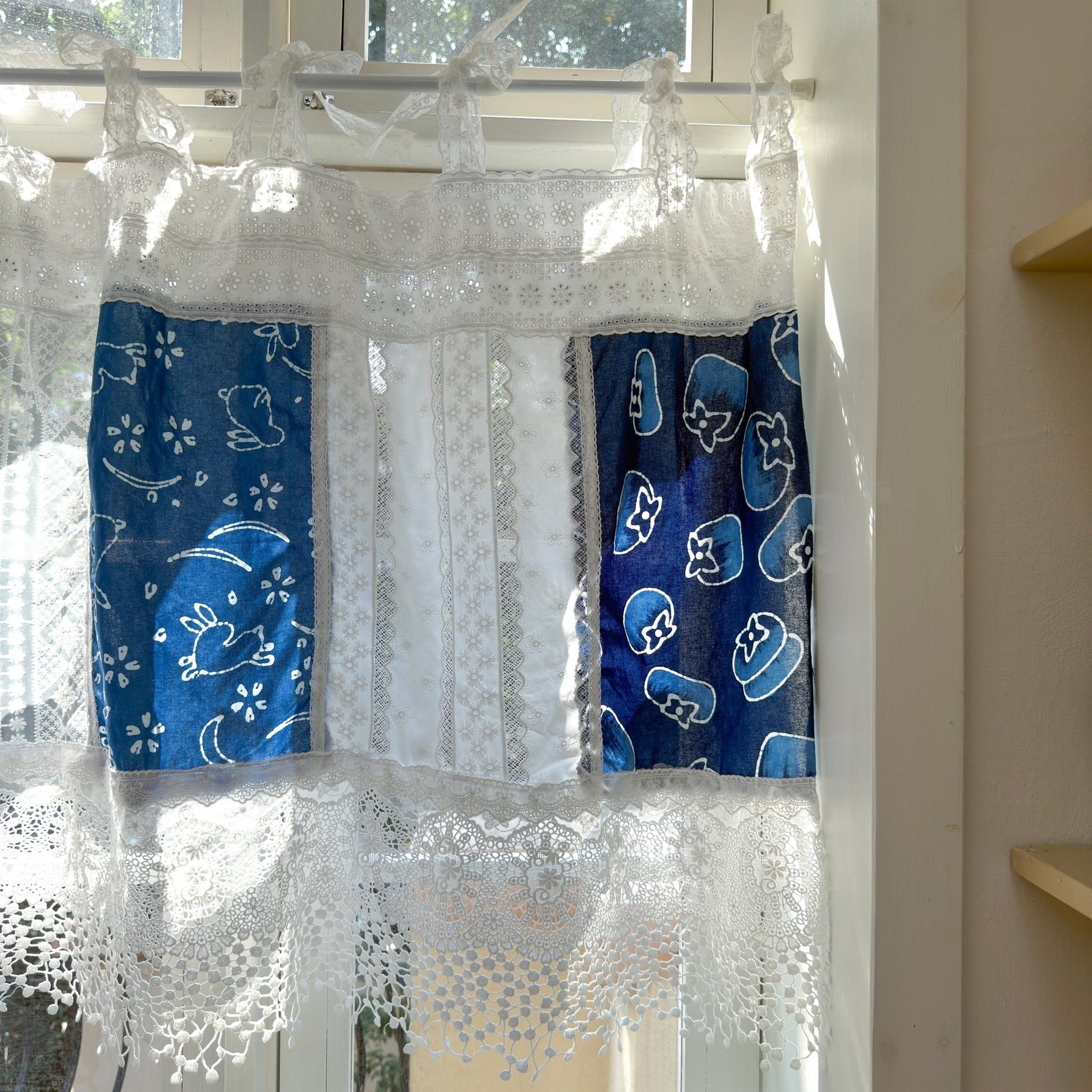 Tie - dye Blue White Embroidery Floral Lace Curtain Valance - UDreamHome