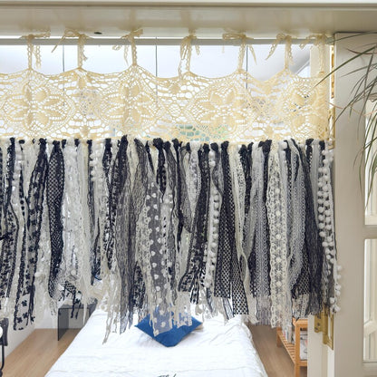 Beige White Black Crochet Lace Cafe Curtain Panel