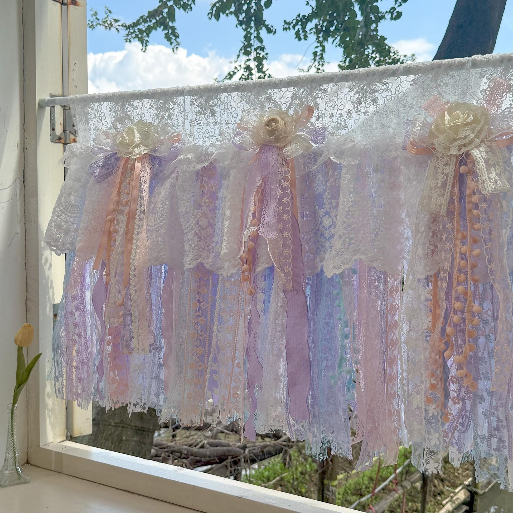 Vintage Pink Blue Purple Lace Curtains Valance - UDreamHome