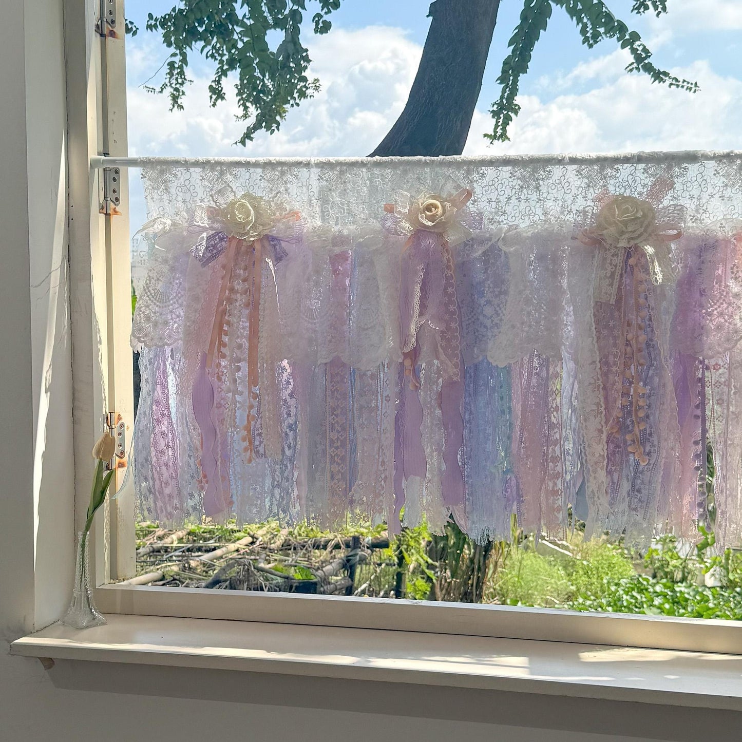 Vintage Pink Blue Purple Lace Curtains Valance - UDreamHome
