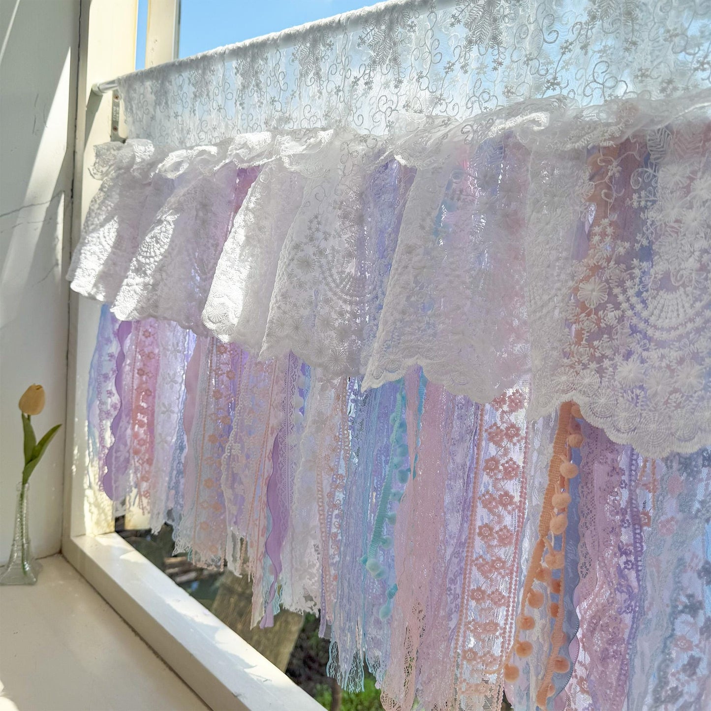 Vintage Pink Blue Purple Lace Curtains Valance - UDreamHome