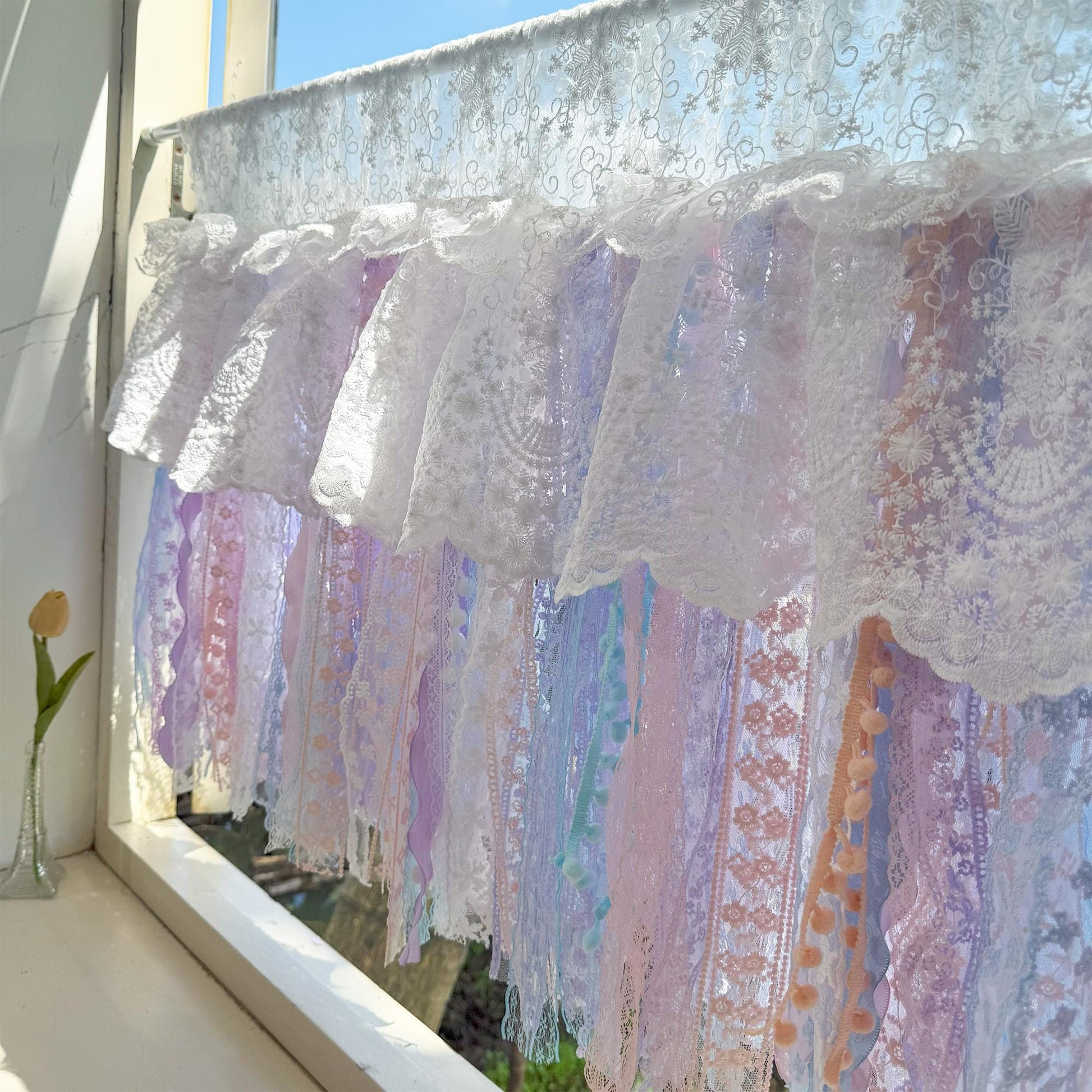 Vintage Pink Blue Purple Lace Curtains Valance - UDreamHome