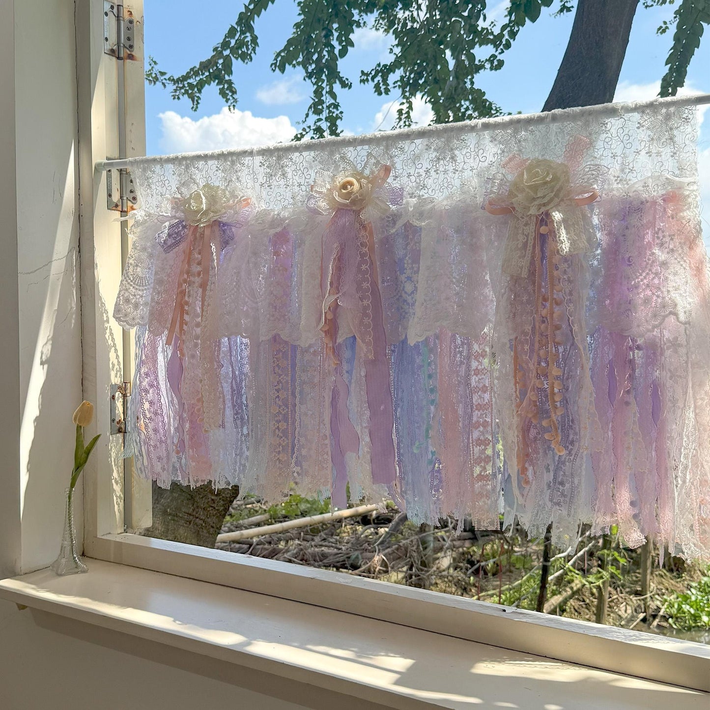 Vintage Pink Blue Purple Lace Curtains Valance - UDreamHome