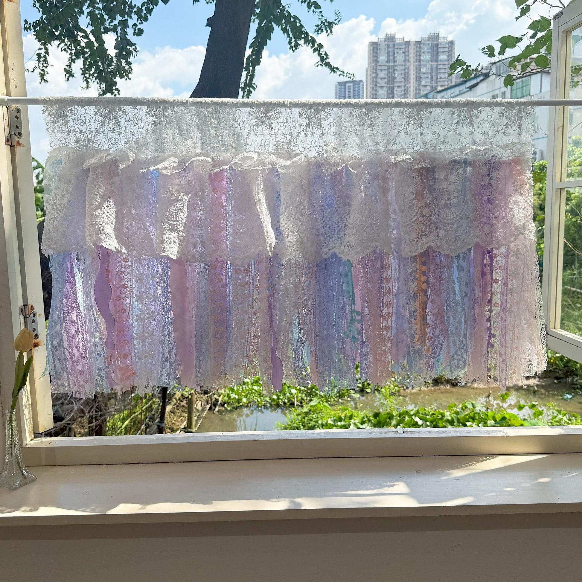 Vintage Pink Blue Purple Lace Curtains Valance - UDreamHome