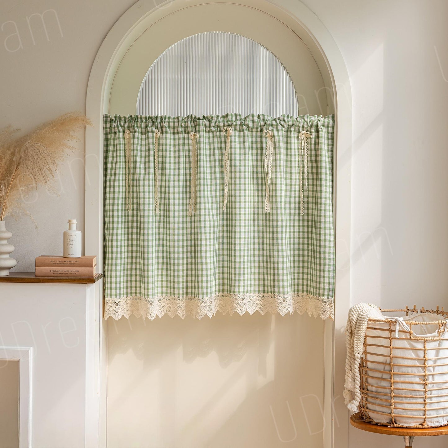 Green Gingham Cafe Curtains Valances with Lace