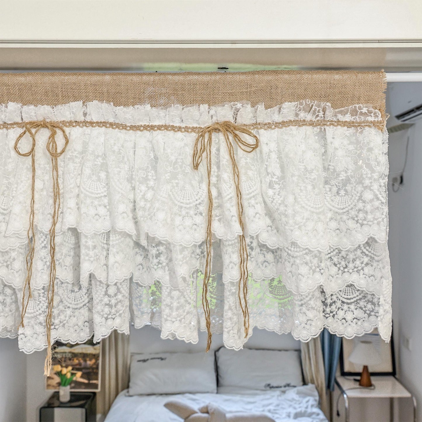 White Farmhouse Kitchen Burlap Lace Curtain - UDreamHome