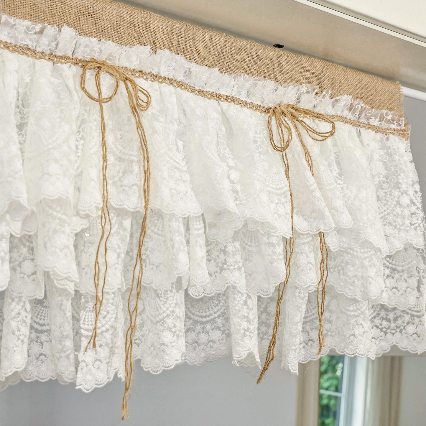 White Farmhouse Kitchen Burlap Lace Curtain - UDreamHome