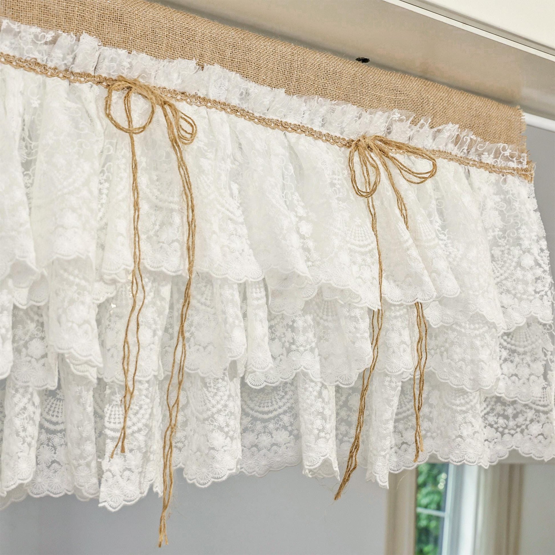 White Farmhouse Kitchen Burlap Lace Curtain - UDreamHome