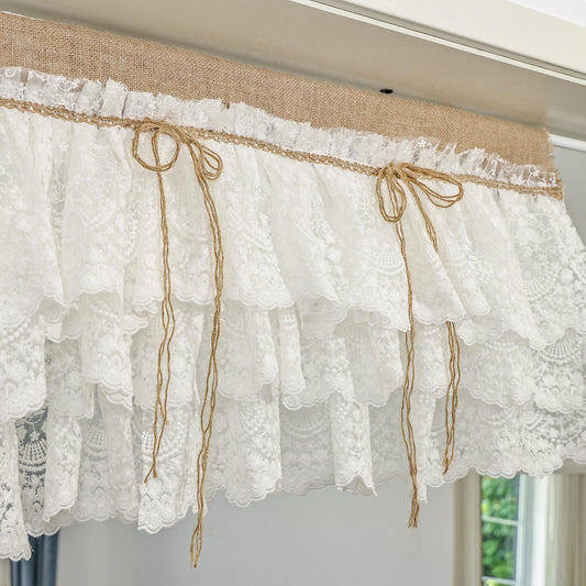 White Farmhouse Kitchen Burlap Lace Curtain - UDreamHome