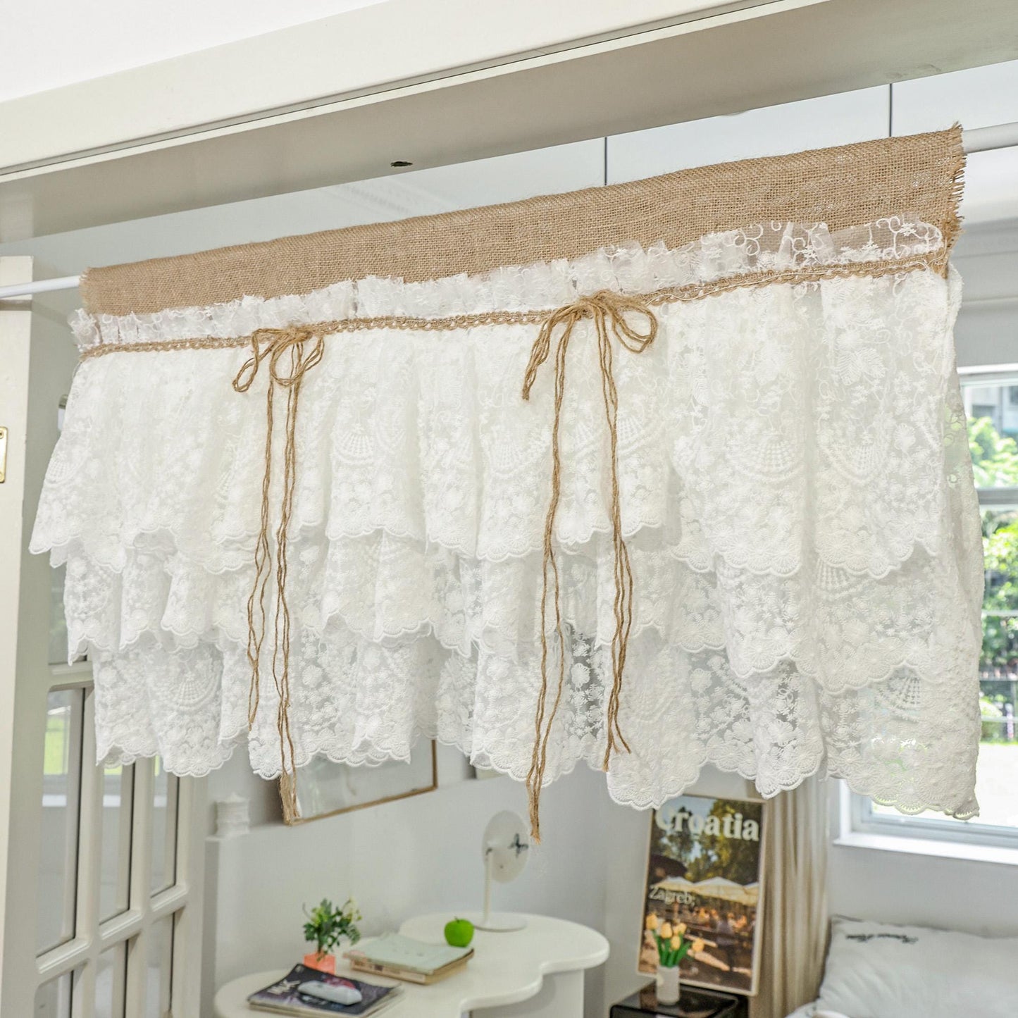 White Farmhouse Kitchen Burlap Lace Curtain - UDreamHome