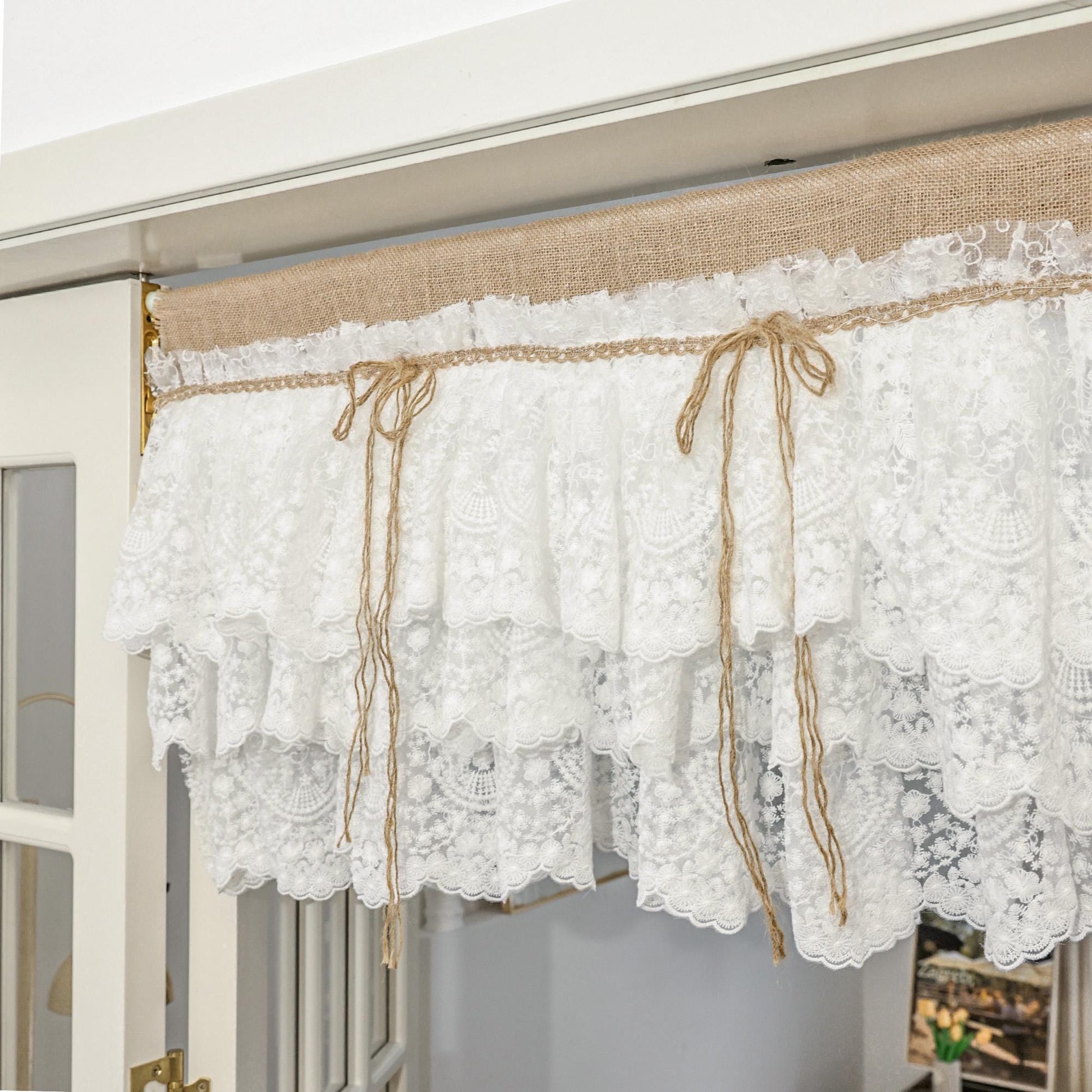 White Farmhouse Kitchen Burlap Lace Curtain - UDreamHome
