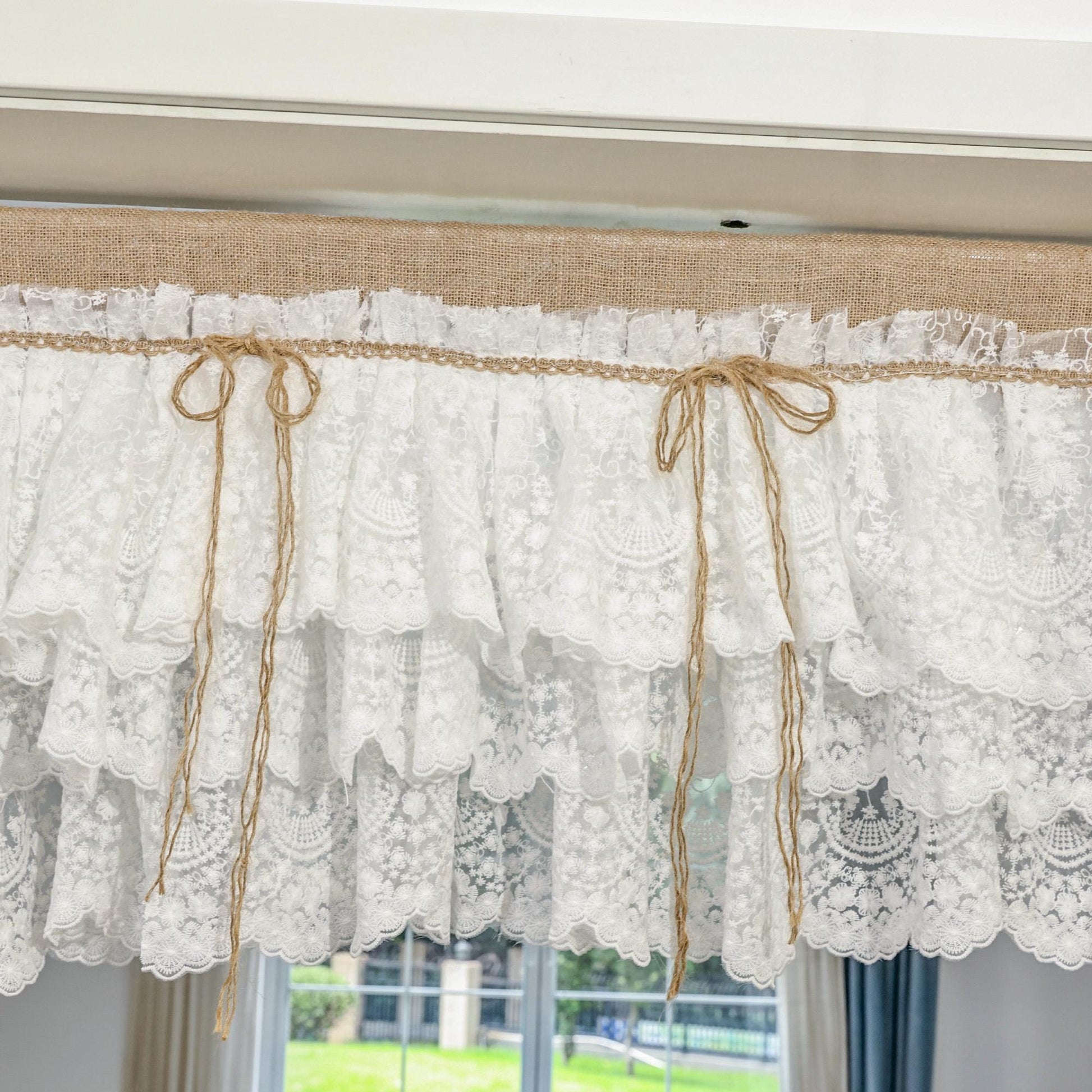 White Farmhouse Kitchen Burlap Lace Curtain - UDreamHome