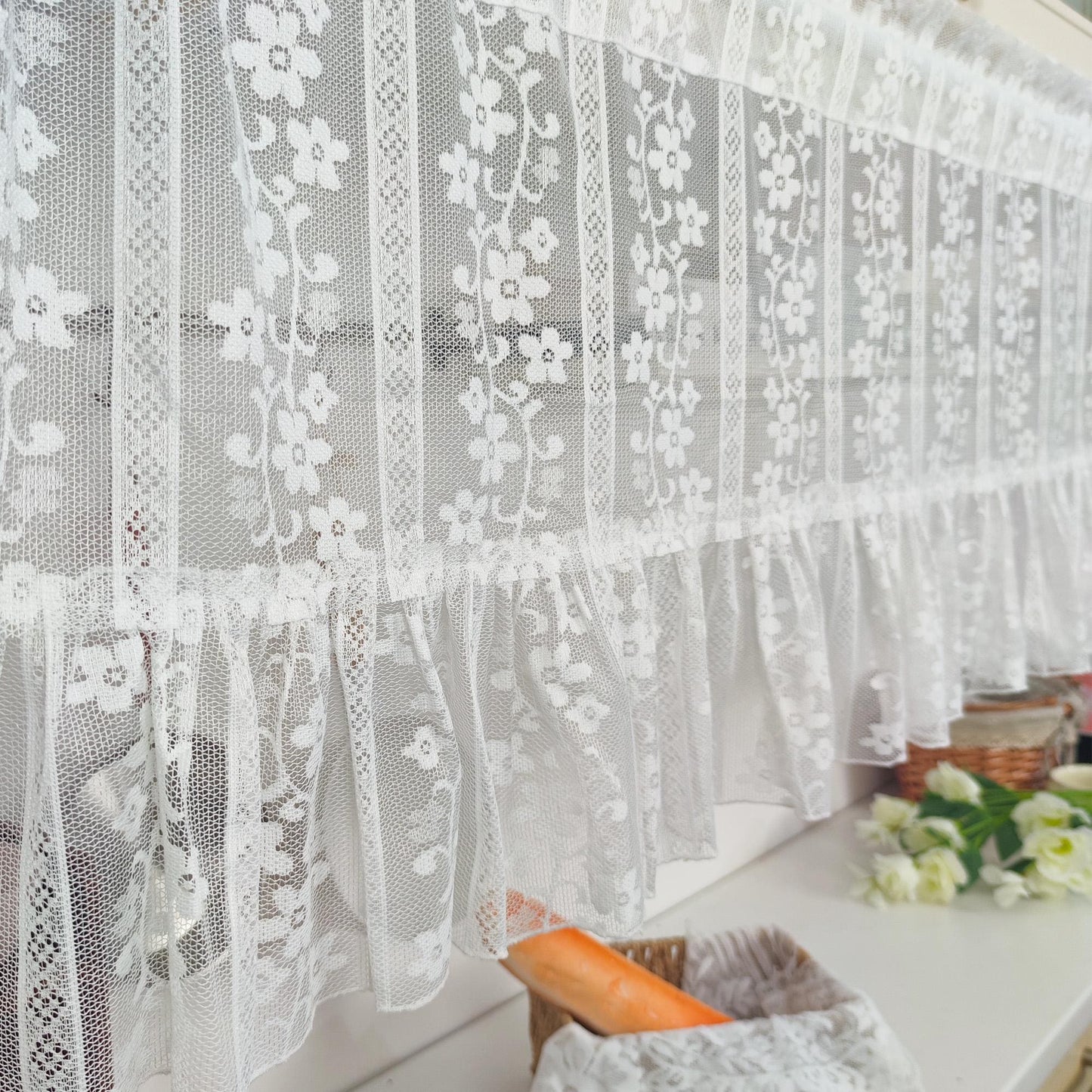 White Flower Garden Vines Jacquard Hollow Lace Sheer Curtains - UDreamHome