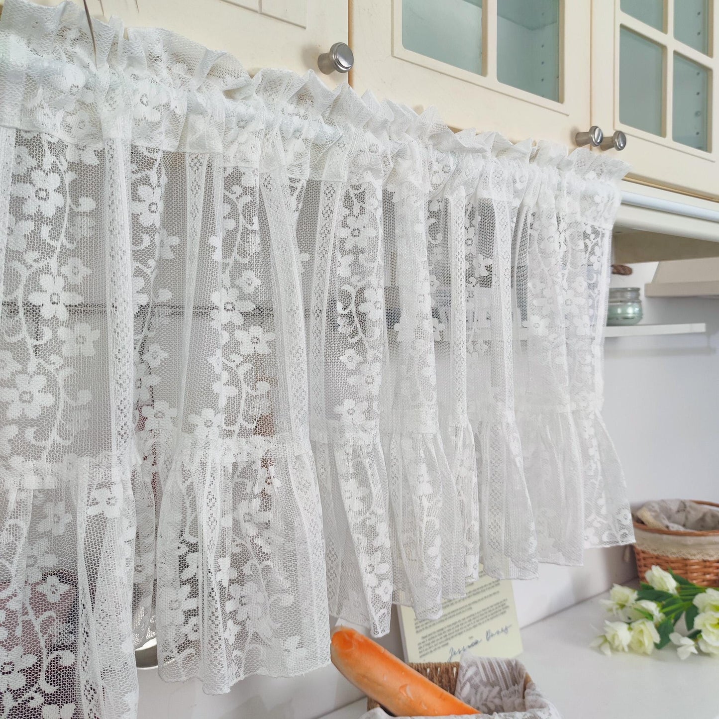 White Flower Garden Vines Jacquard Hollow Lace Sheer Curtains - UDreamHome