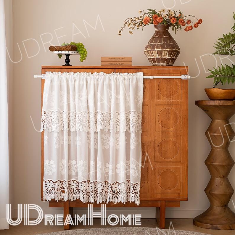 White Lace Cafe Curtain: French Country Hollow Flower Design - UDreamHome