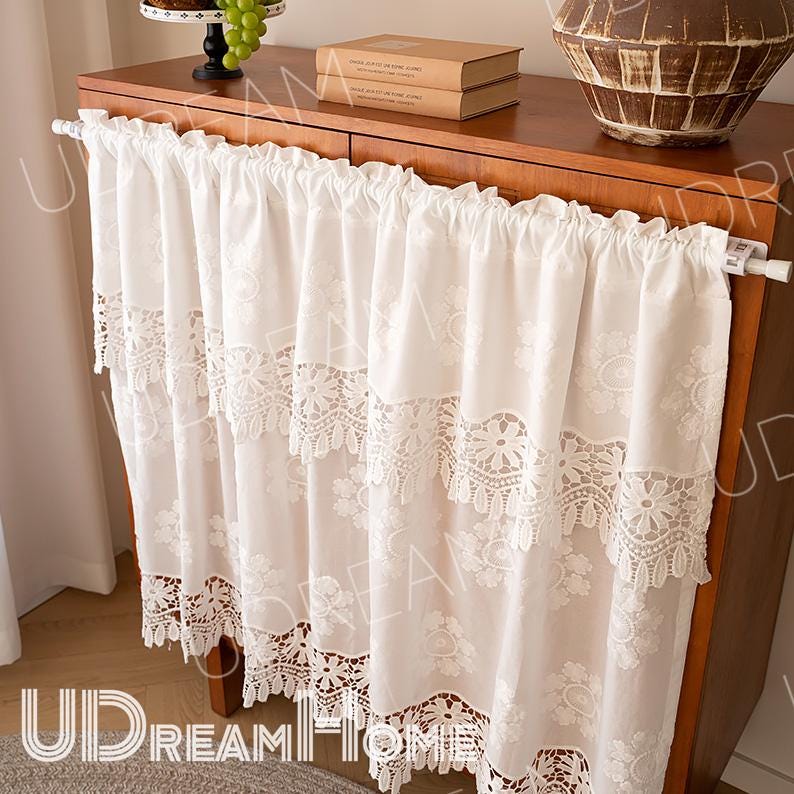 White Lace Cafe Curtain: French Country Hollow Flower Design - UDreamHome