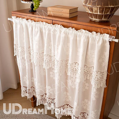 White Lace Cafe Curtain: French Country Hollow Flower Design - UDreamHome