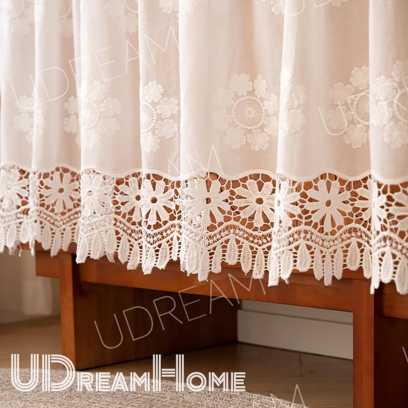 White Lace Cafe Curtain: French Country Hollow Flower Design - UDreamHome