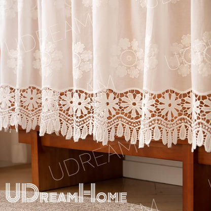 White Lace Cafe Curtain: French Country Hollow Flower Design - UDreamHome