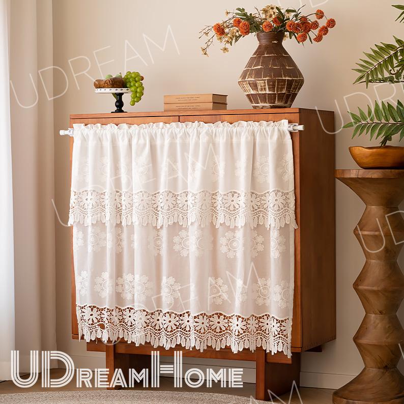 White Lace Cafe Curtain: French Country Hollow Flower Design - UDreamHome
