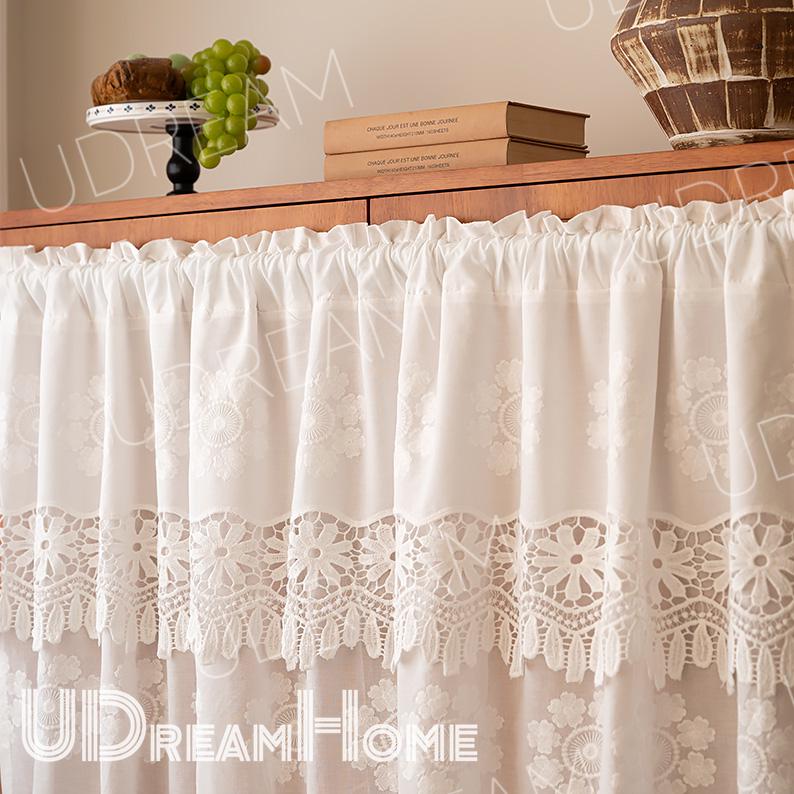 White Lace Cafe Curtain: French Country Hollow Flower Design - UDreamHome