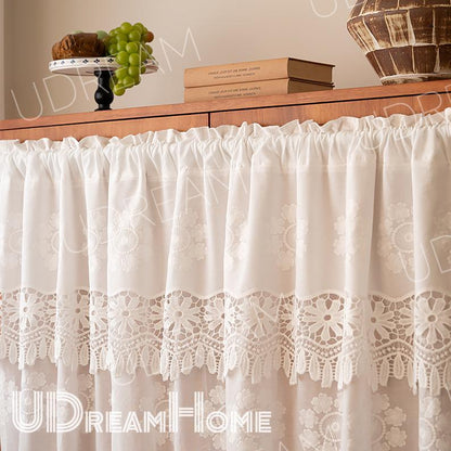 White Lace Cafe Curtain: French Country Hollow Flower Design - UDreamHome