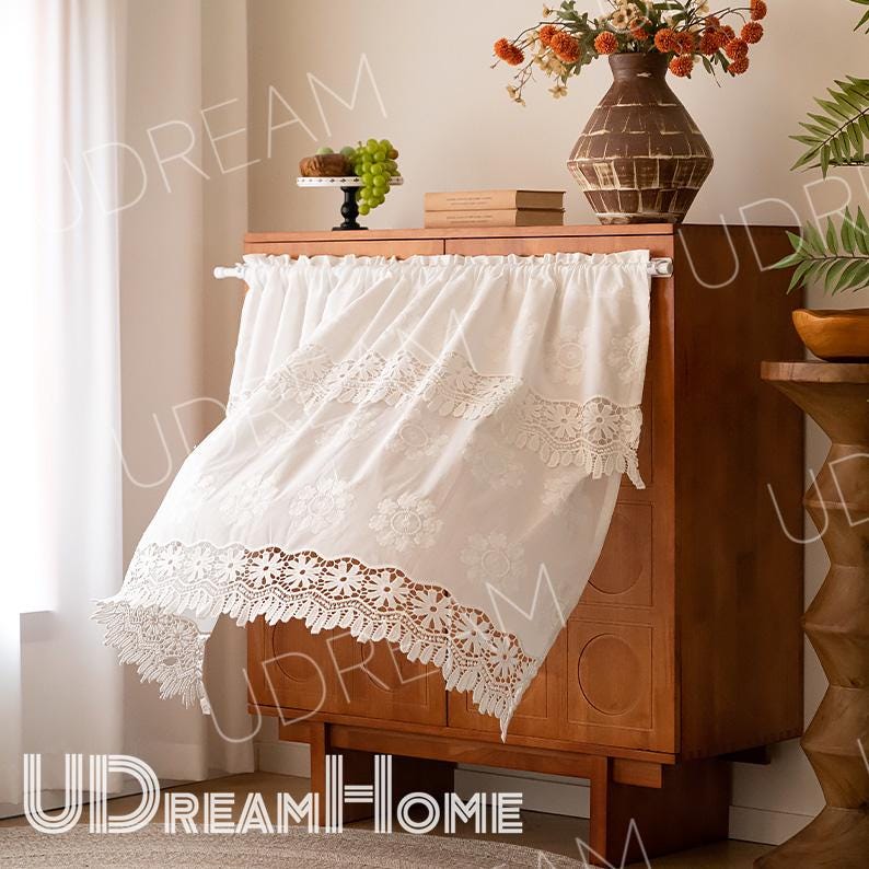 White Lace Cafe Curtain: French Country Hollow Flower Design - UDreamHome