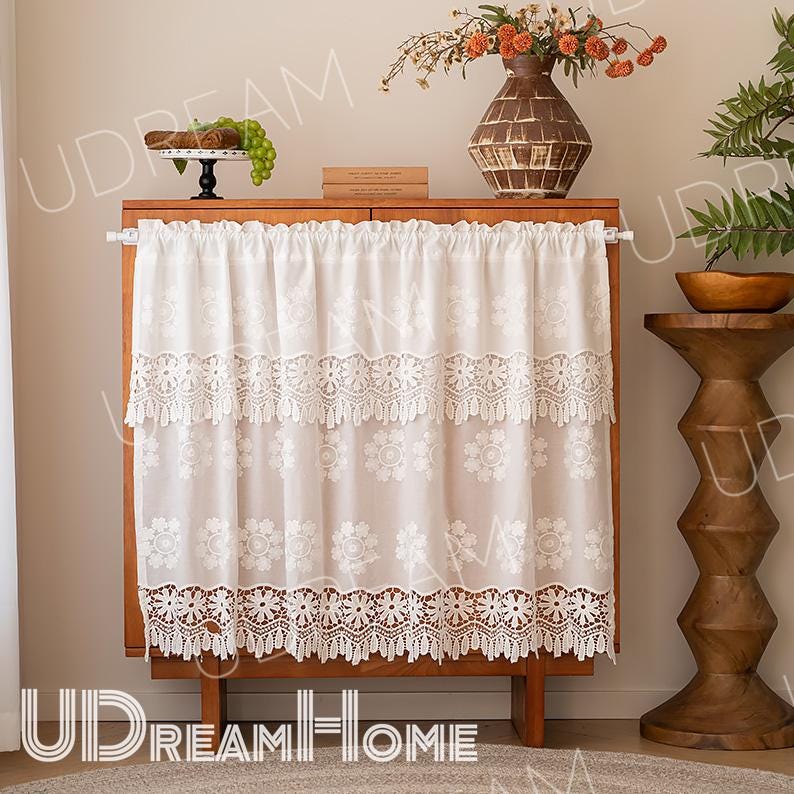 White Lace Cafe Curtain: French Country Hollow Flower Design - UDreamHome