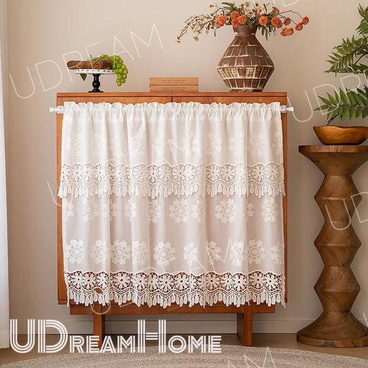 White Lace Cafe Curtain: French Country Hollow Flower Design - UDreamHome