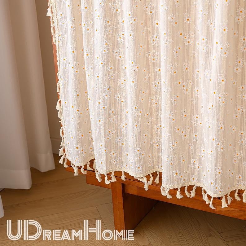 Yellow Orange White Daisy Flower Cotton Linen Curtain with Tassel - UDreamHome