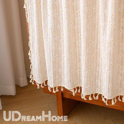 Yellow Orange White Daisy Flower Cotton Linen Curtain with Tassel - UDreamHome