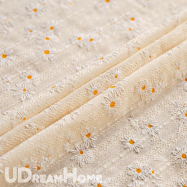 Yellow Orange White Daisy Flower Cotton Linen Curtain with Tassel - UDreamHome