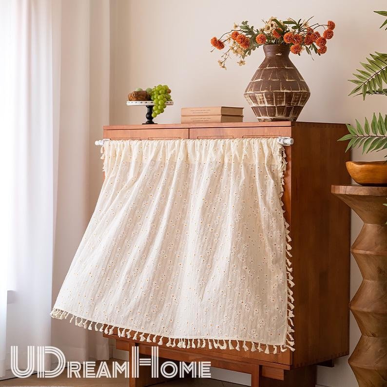 Yellow Orange White Daisy Flower Cotton Linen Curtain with Tassel - UDreamHome