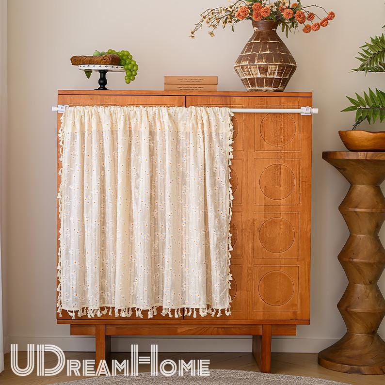 Yellow Orange White Daisy Flower Cotton Linen Curtain with Tassel - UDreamHome